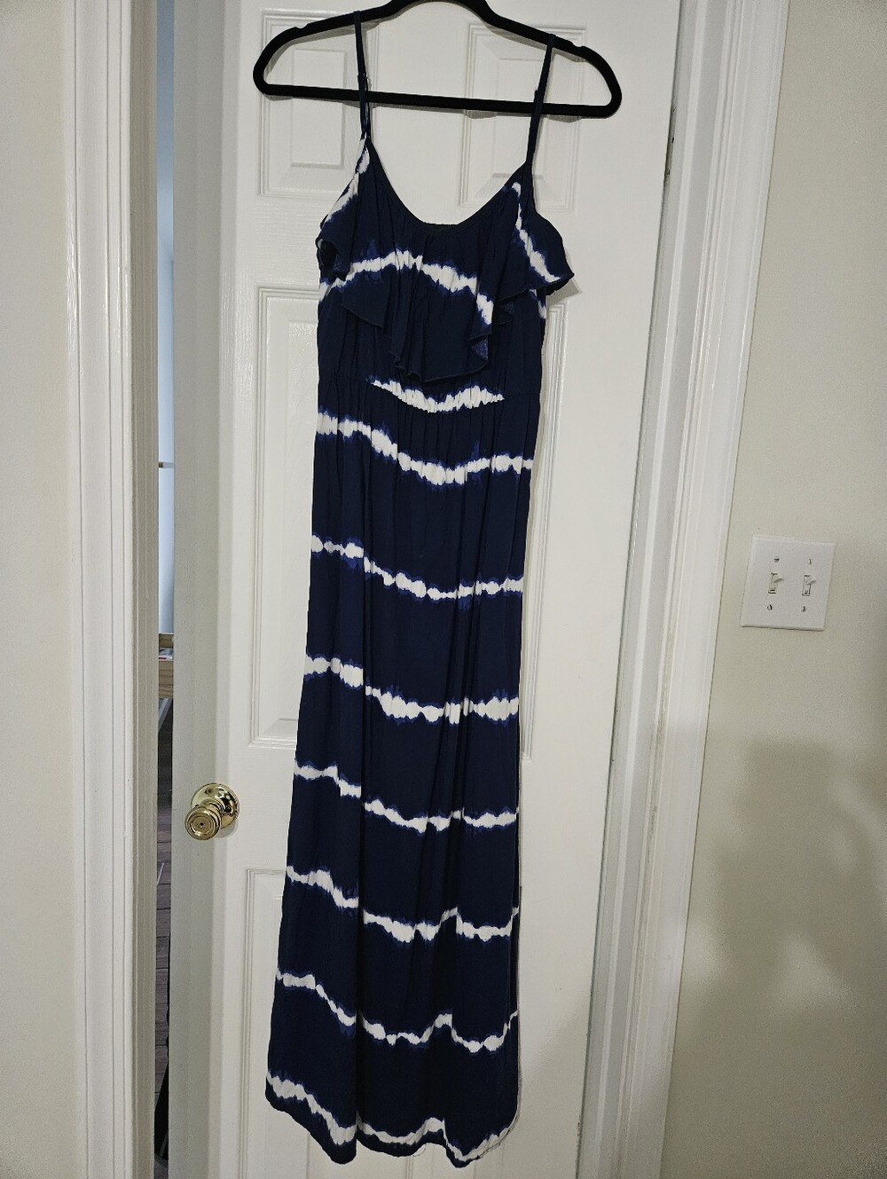 A.BYER Navy Blue White Tie Dye Ruffle Maxi Dress